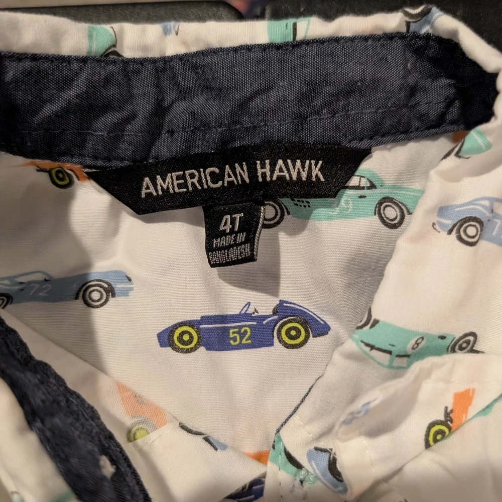 American Hawk Toddler Boy Car Print Button-Up Short w/ Dark Chambray Shorts 4T
